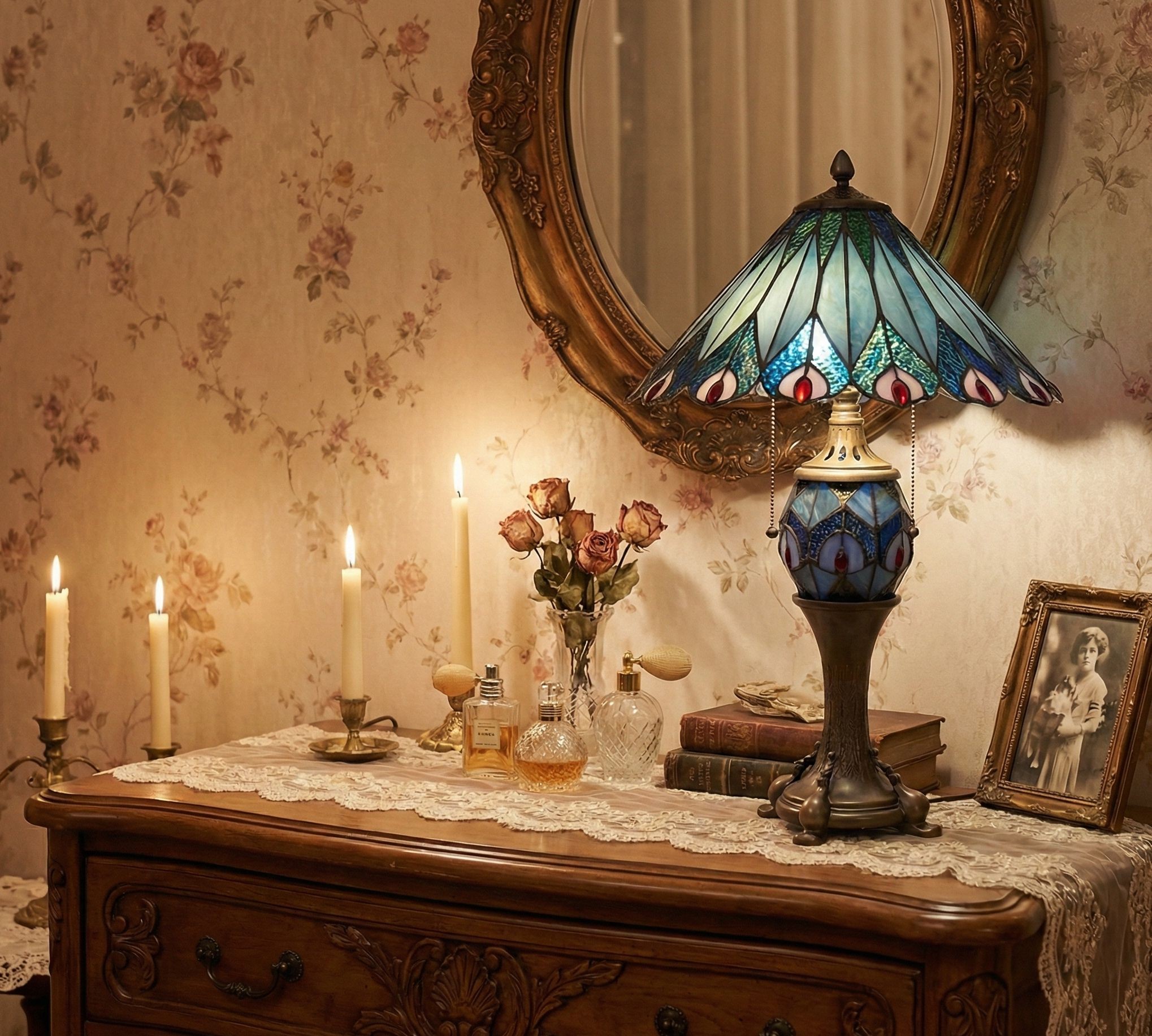 Stolní lampa Tiffany Peacock - Ø 40*68 cm Clayre & Eef Stolní lampa Tiffany Peacock - Ø 40*68 cm Clayre & Eef