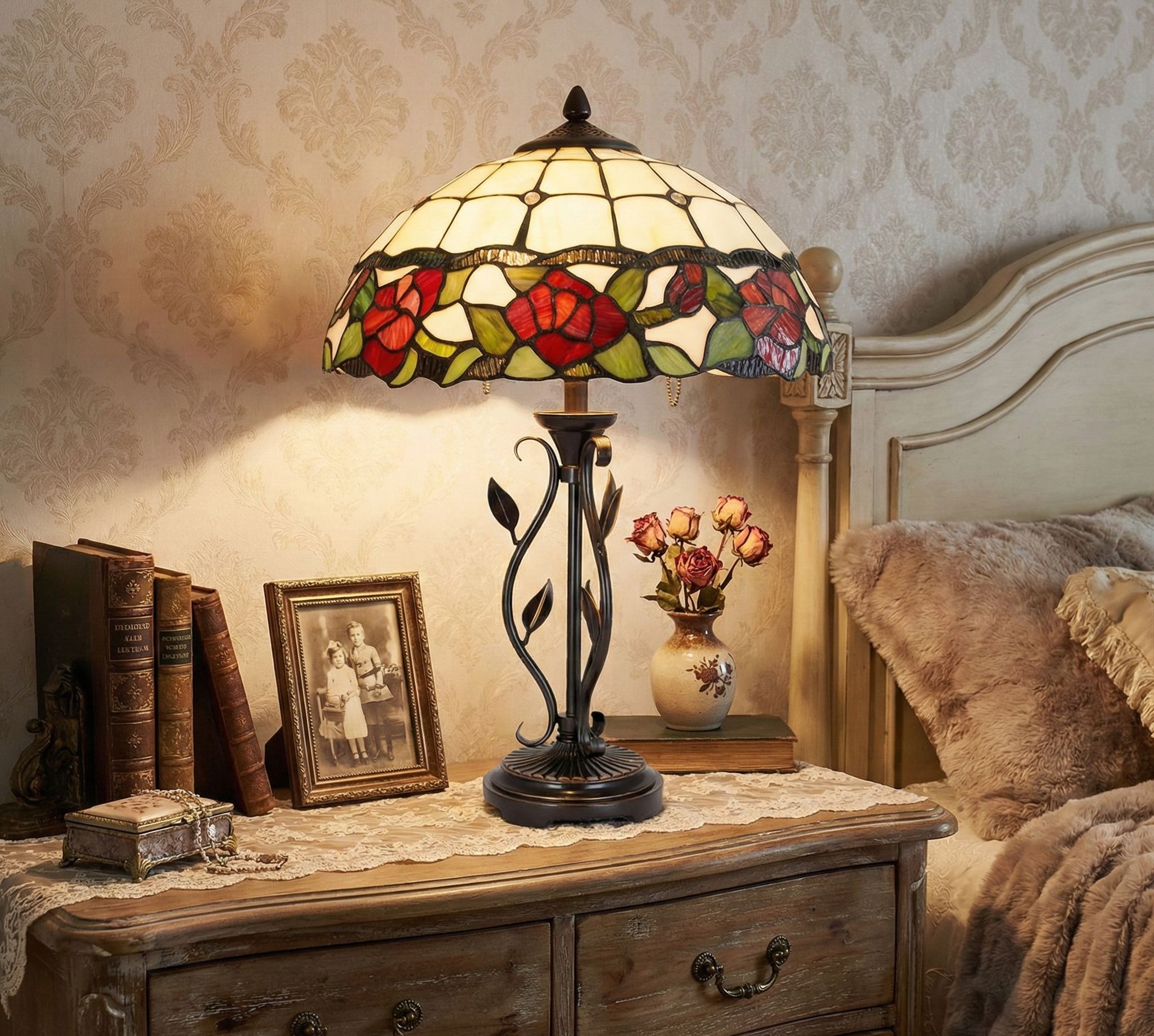 Stolní lampa Tiffany s růžemi Rosalin - Ø 35*61 cm 2x E27/60W