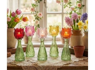 Tmavě růžový skleněný svícen/ váza tulipán Love Tulip - Ø 7*22cm