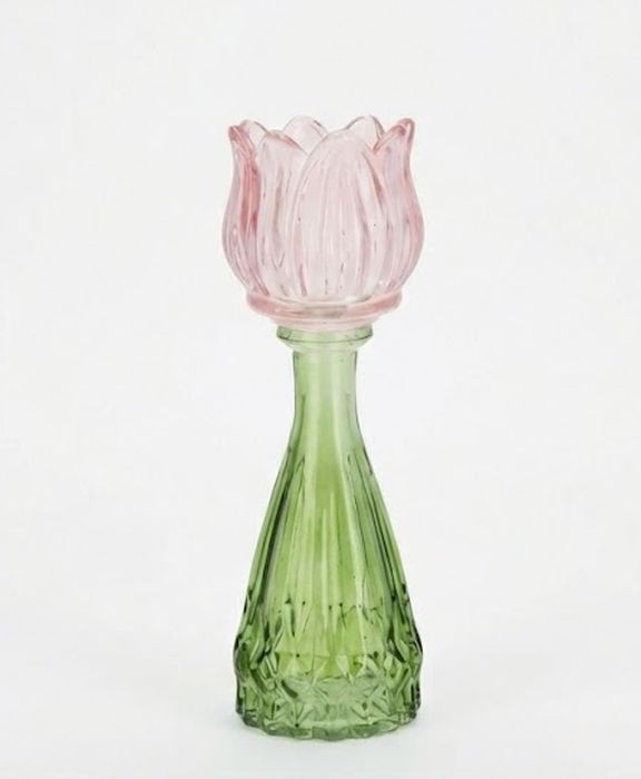 Levně Pastelově růžový skleněný svícen/ váza tulipán Love Tulip - Ø 7*22cm 314047_pastelově růžová