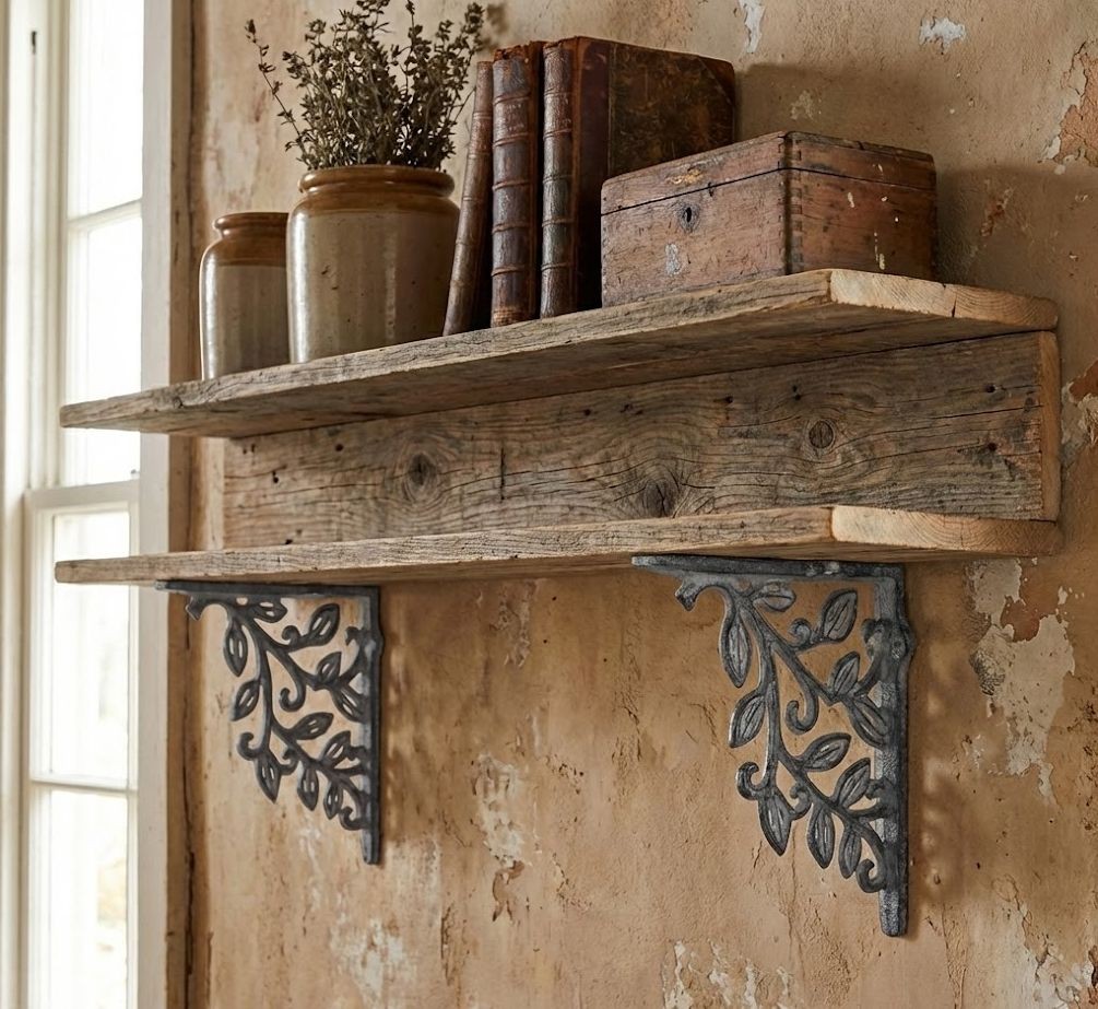 Šedá antik litinová policová konzole s lístky - 14*2*12cm Chic Antique Šedá antik litinová policová konzole s lístky - 14*2*12cm Chic Antique