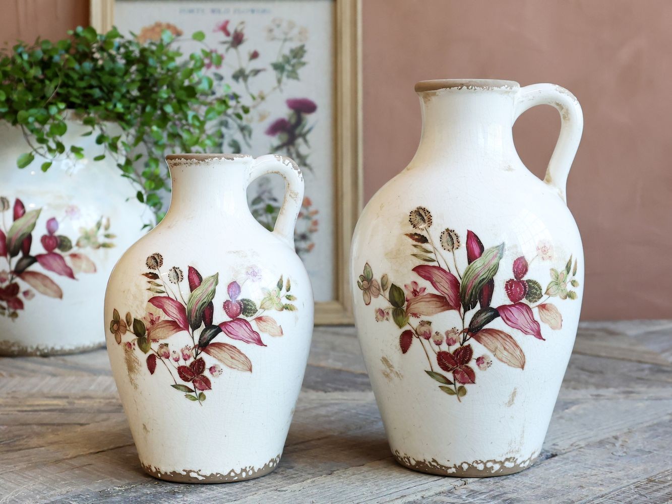 Béžová antik keramická váza s květy a ouškem Florac - Ø 16*26 cm