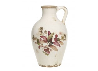 Béžová antik keramická váza s květy a ouškem Florac - Ø 16*26 cm