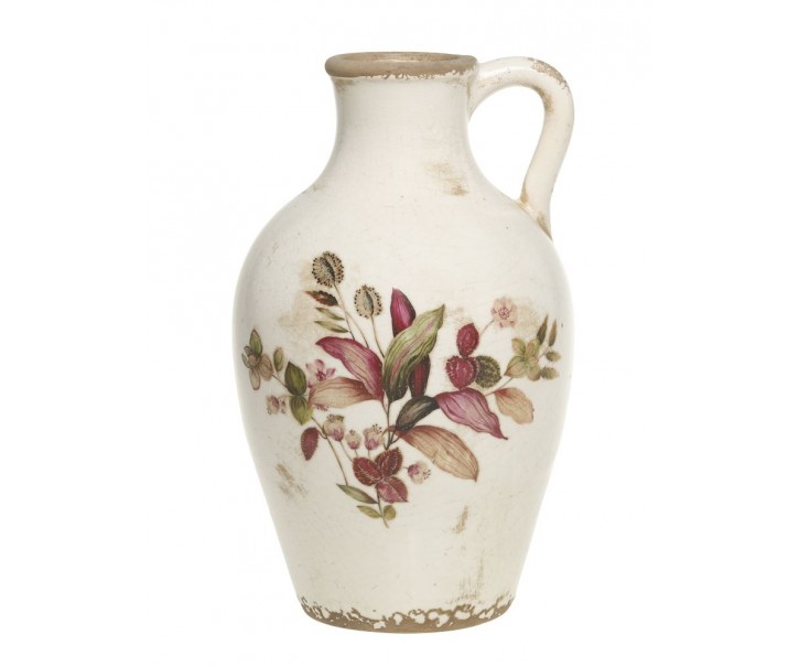 Béžová antik keramická váza s květy a ouškem Florac - Ø 16*26 cm Chic Antique