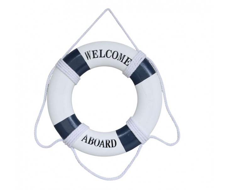 Bílo-modrá dekorace záchranný kruh Welcome Aboard - Ø 27*2,5 cm Chic Antique