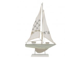 Krémová antik dřevěná dekorace loďka plachetnice - 25*2*42 cm