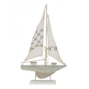 Krémová antik dřevěná dekorace loďka plachetnice - 25*2*42 cm