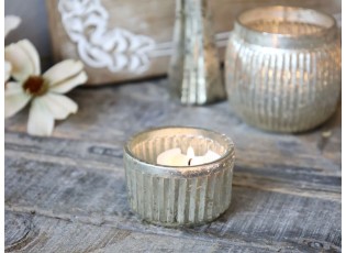 Malý rtuťový skleněný svícen na čajovou svíčku s drážkami - Ø 6*4cm