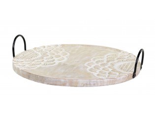 Dřevěný servírovací podnos z mangového dřeva s řezbami Tours - Ø 41cm