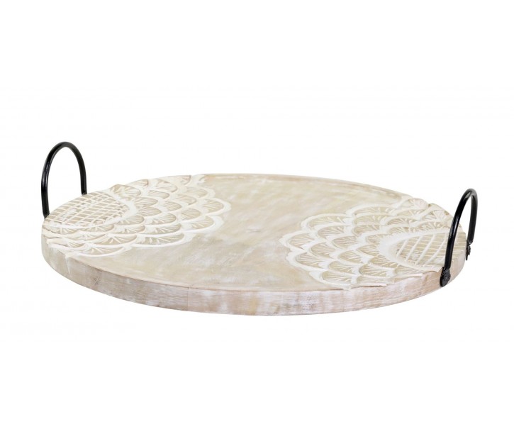 Dřevěný servírovací podnos z mangového dřeva s řezbami Tours - Ø 41cm Chic Antique