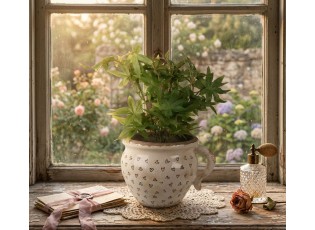 Béžový keramický obal na květináč s uchem a se srdíčky Hearti M - 17*14*12cm