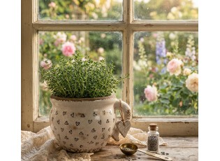 Béžový keramický obal na květináč s uchem a se srdíčky Hearti - 20*17*15 cm