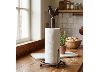 Hnědý antik držák na kuchyňské role s kohoutem - Ø 18*43 cm