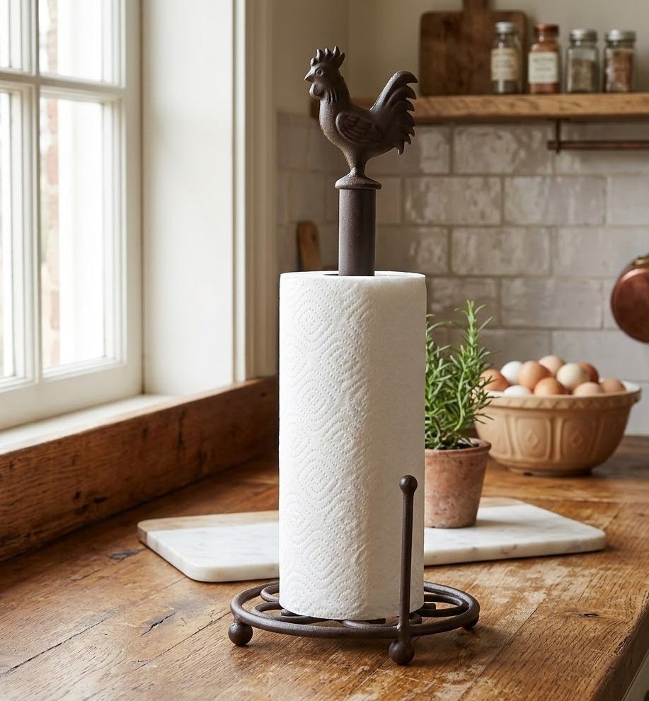 Hnědý antik držák na kuchyňské role s kohoutem - Ø 18*43 cm