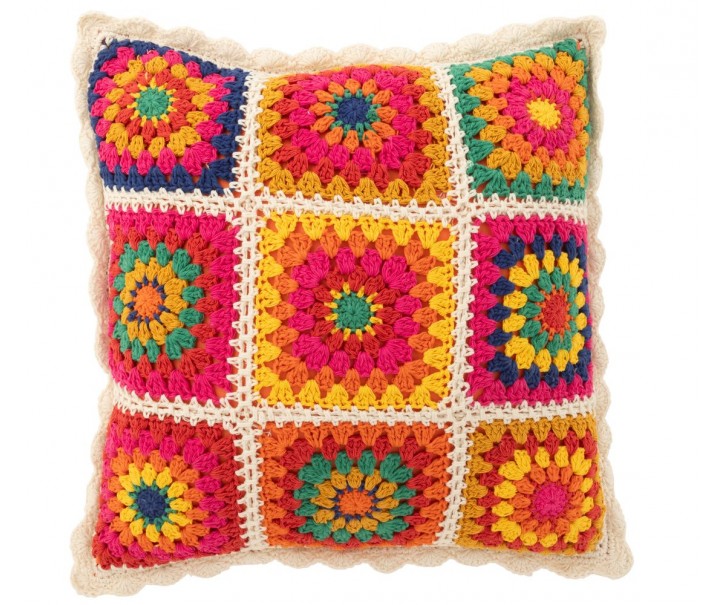 Barevný háčkovaný květovaný polštář Croche - 45*15*45 cm J-Line by Jolipa