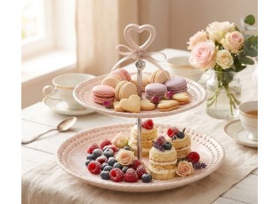 Růžový keramický 2-patrový etažér Hella Pastel Pink - Ø 25*23 cm