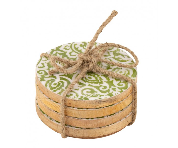 Set 4ks bílo-zelený podtácek z mangového dřeva - Ø 10 cm J-Line by Jolipa