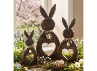 Hnědá dekorace králík z mangového dřeva se srdíčkem M - 15*2,5*40 cm