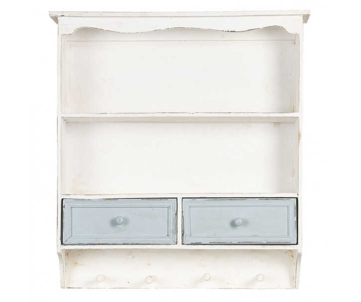 Bílá vintage nástěnná polička s modrými šuplíčky - 56*13*60 cm Clayre & Eef