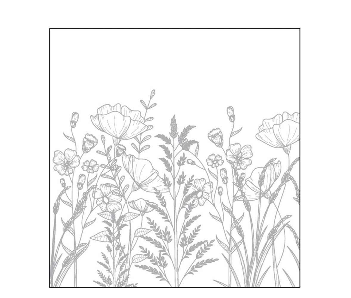 Bílo-šedé malé papírové ubrousky s lučními květy - 25*25 cm (20ks)