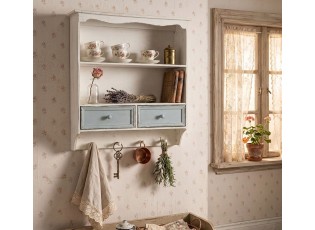 Bílá vintage nástěnná polička s modrými šuplíčky - 56*13*60 cm