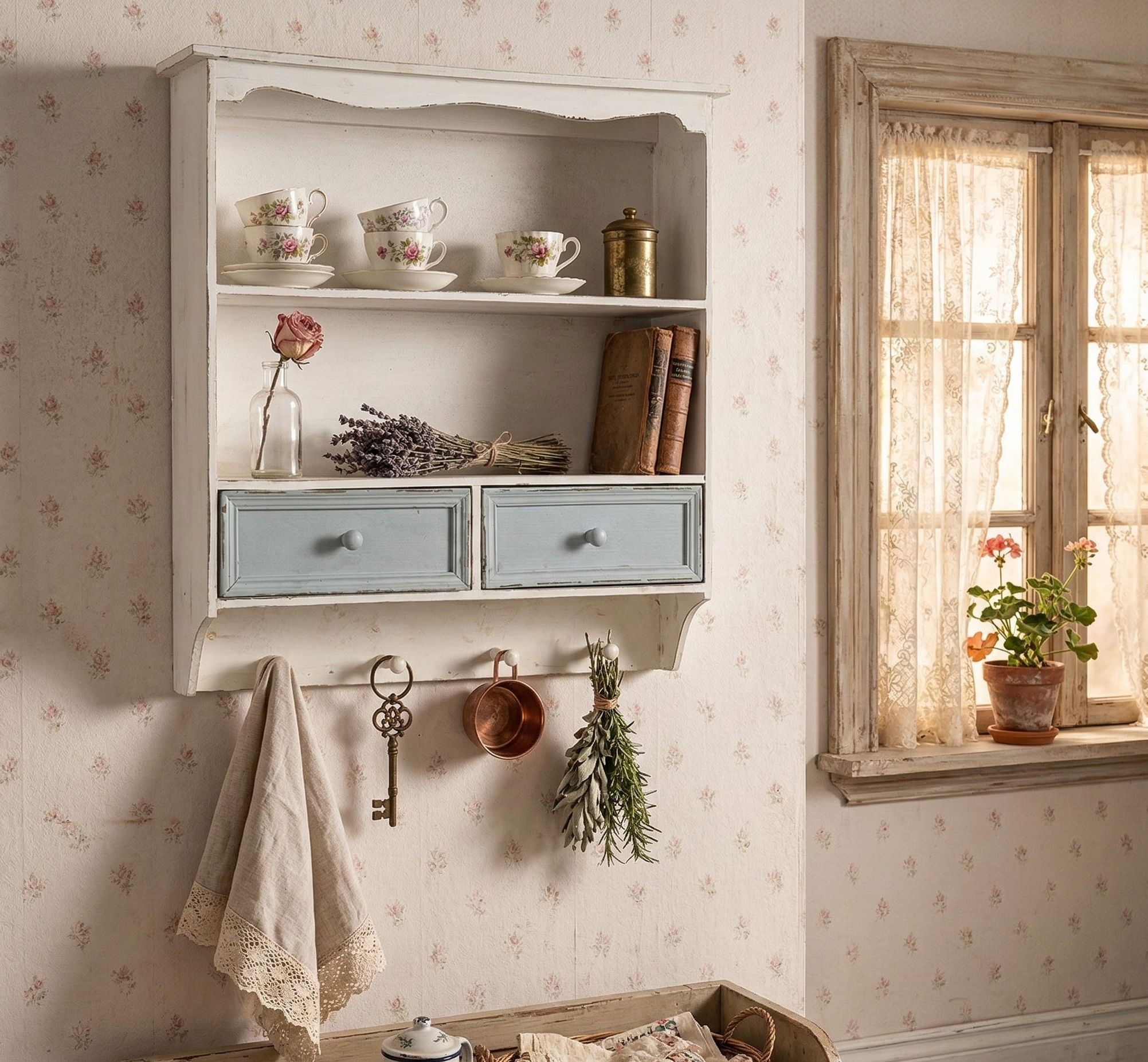 Bílá vintage nástěnná polička s modrými šuplíčky - 56*13*60 cm
