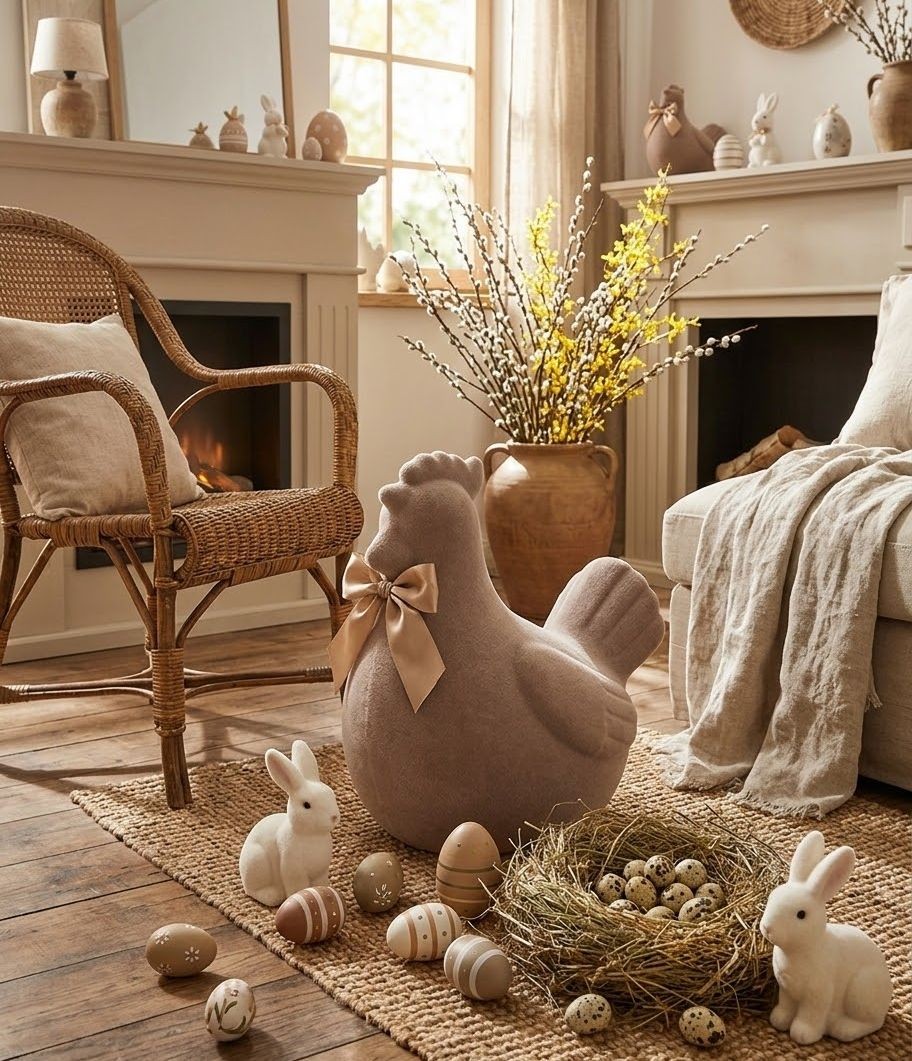 Šedá gigantická velikonoční slepice s mašlí Chicken Easter Flock XL - 38*29*42 cm