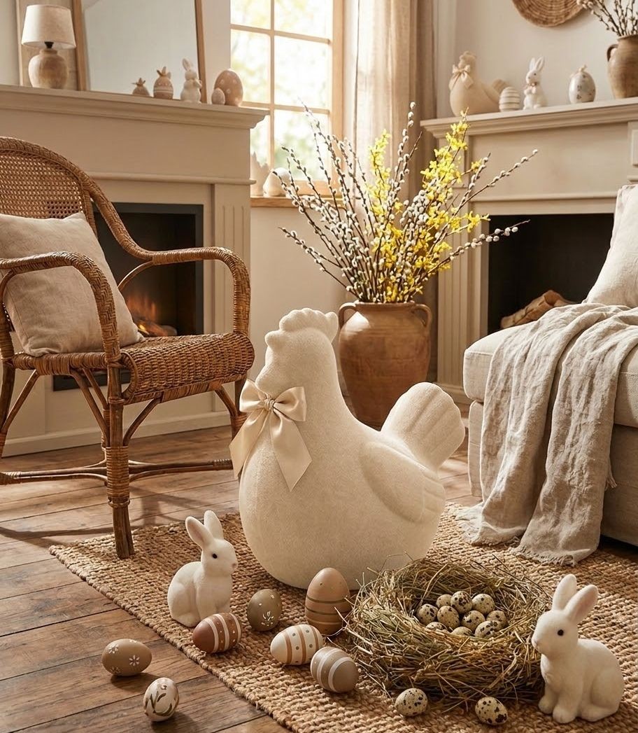 Krémová gigantická velikonoční slepice s mašlí Chicken Easter Flock XL - 38*29*42 cm