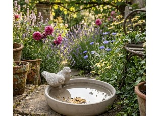 Cementové kulaté ptačí pítko/krmítko s ptáčky - Ø 23*5 cm