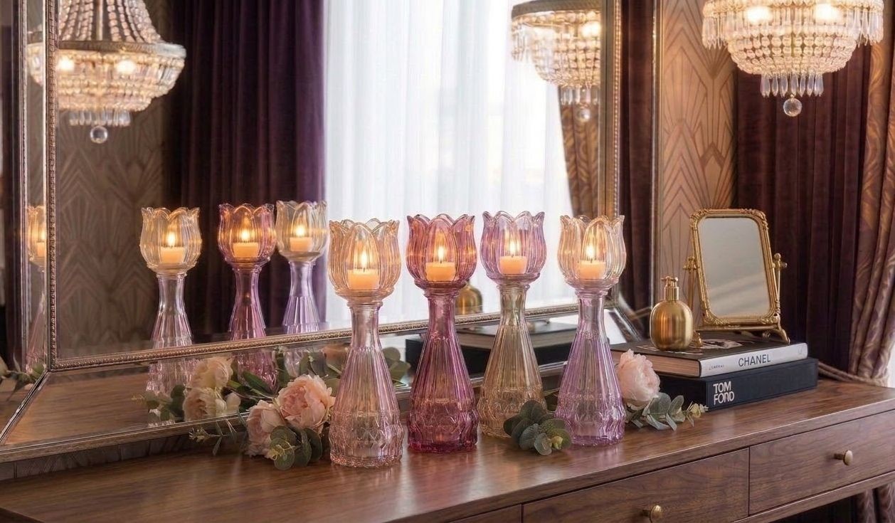 4ks pastelový mix skleněný svícen/ váza tulipán Love Tulip - Ø 7*22cm