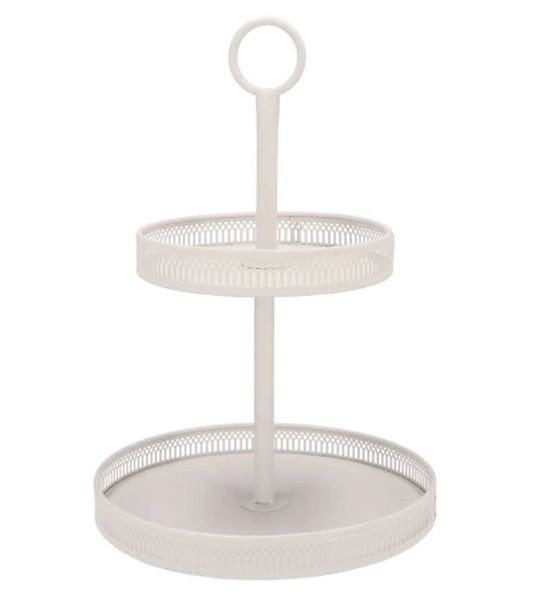 Bílý antik kovový 2-patrový etažér s okrajem Nordic - Ø 28*43 cm