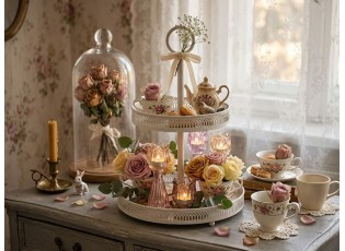 Bílý antik kovový 2-patrový etažér s okrajem Nordic - Ø 28*43 cm