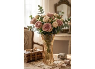 Karamelově hnědá skleněná váza s reliéfem tulipánů Delight - Ø 10*20 cm