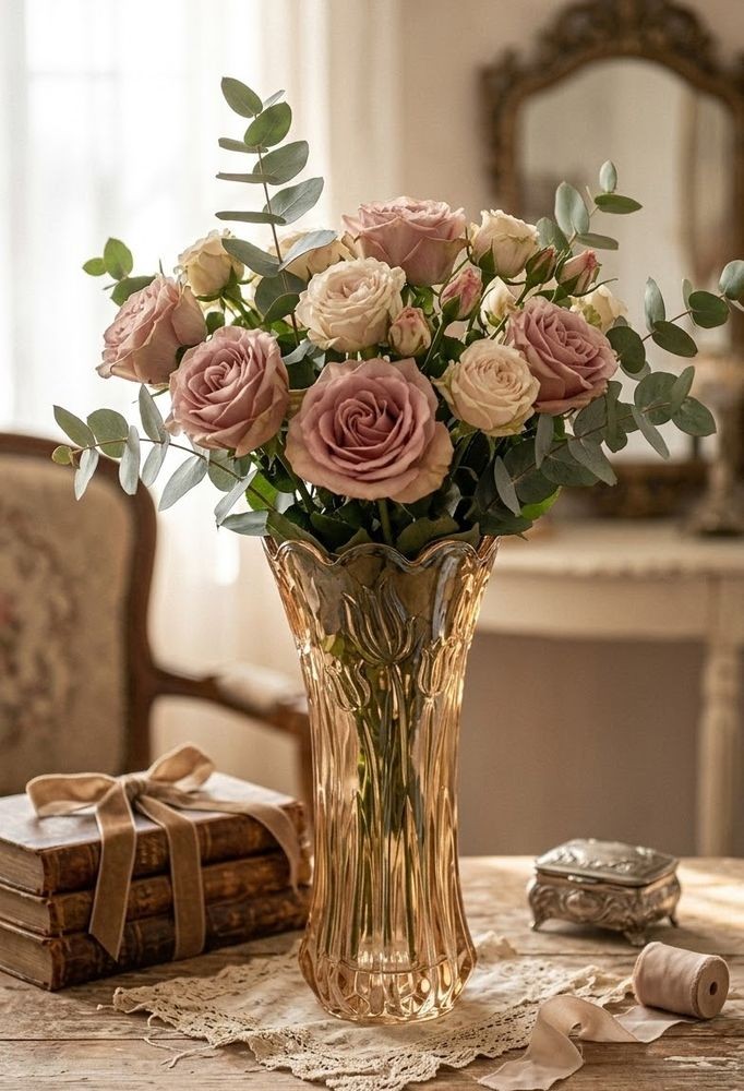 Karamelově hnědá skleněná váza s reliéfem tulipánů Delight - Ø 10*20 cm