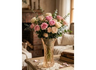 Béžová skleněná váza s reliéfem tulipánů Delight - Ø 11*20 cm