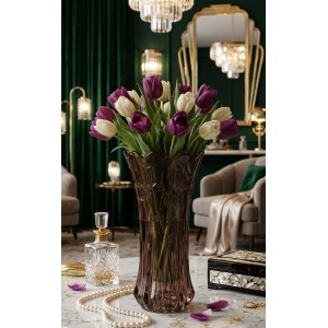 Čokoládově hnědá skleněná váza s reliéfem tulipánů Delight - Ø 10*20 cm
