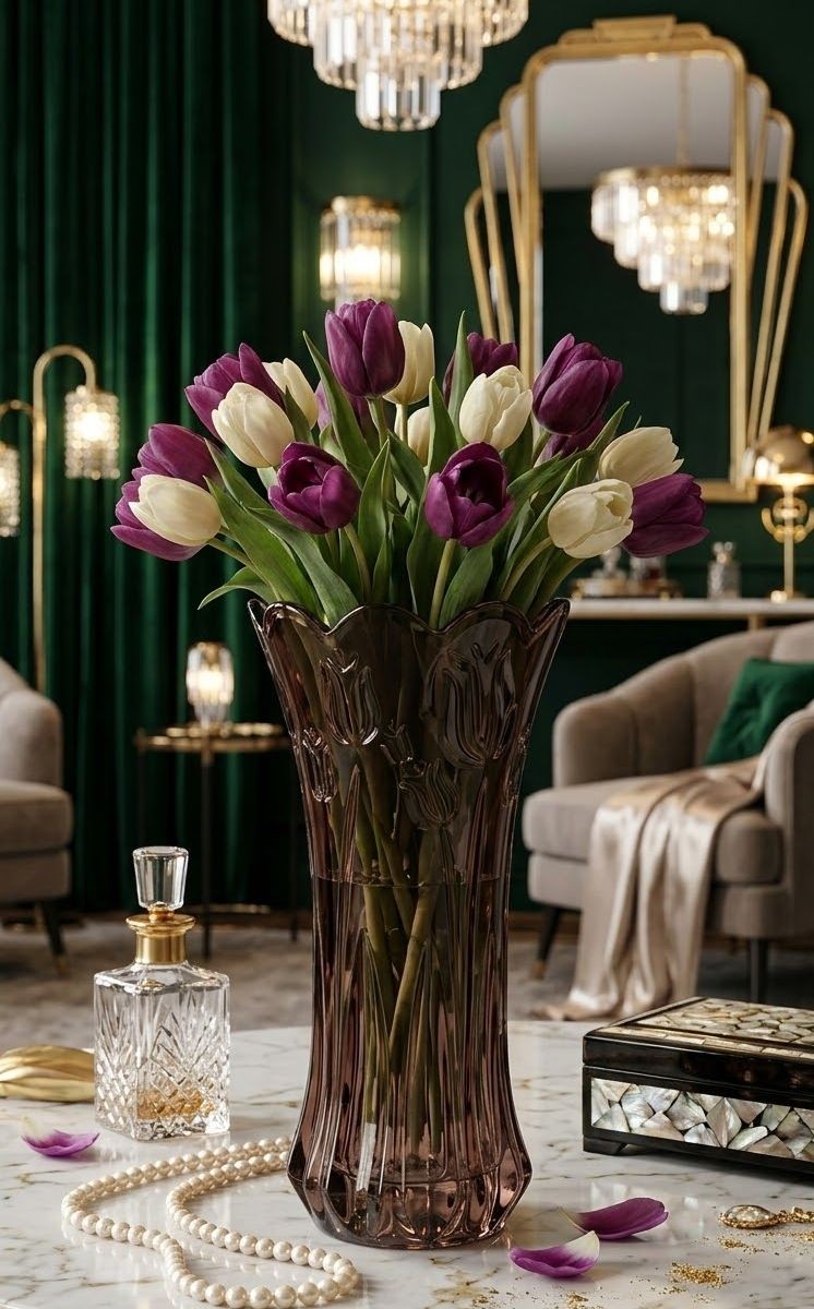 Čokoládově hnědá skleněná váza s reliéfem tulipánů Delight - Ø 10*20 cm