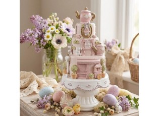 Růžovo-bílá dekorace věž z dortů na podstavci - Ø 13*27 cm