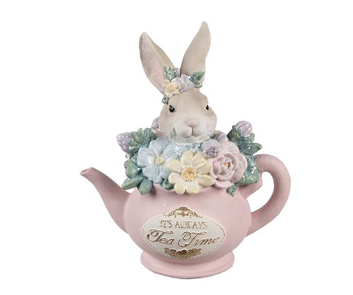 Jarní dekorace králíček s květy v konvičce - 13*8*14 cm Clayre & Eef