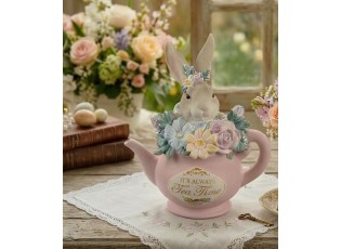 Jarní dekorace králíček s květy v konvičce - 13*8*14 cm