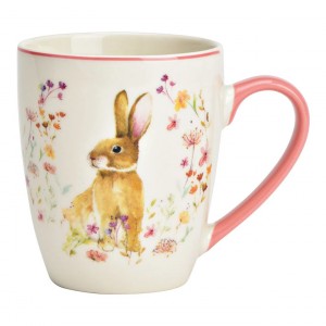 Porcelánový velikonoční hrnek s králíkem a květy - 8*10*6 cm / 360 ml