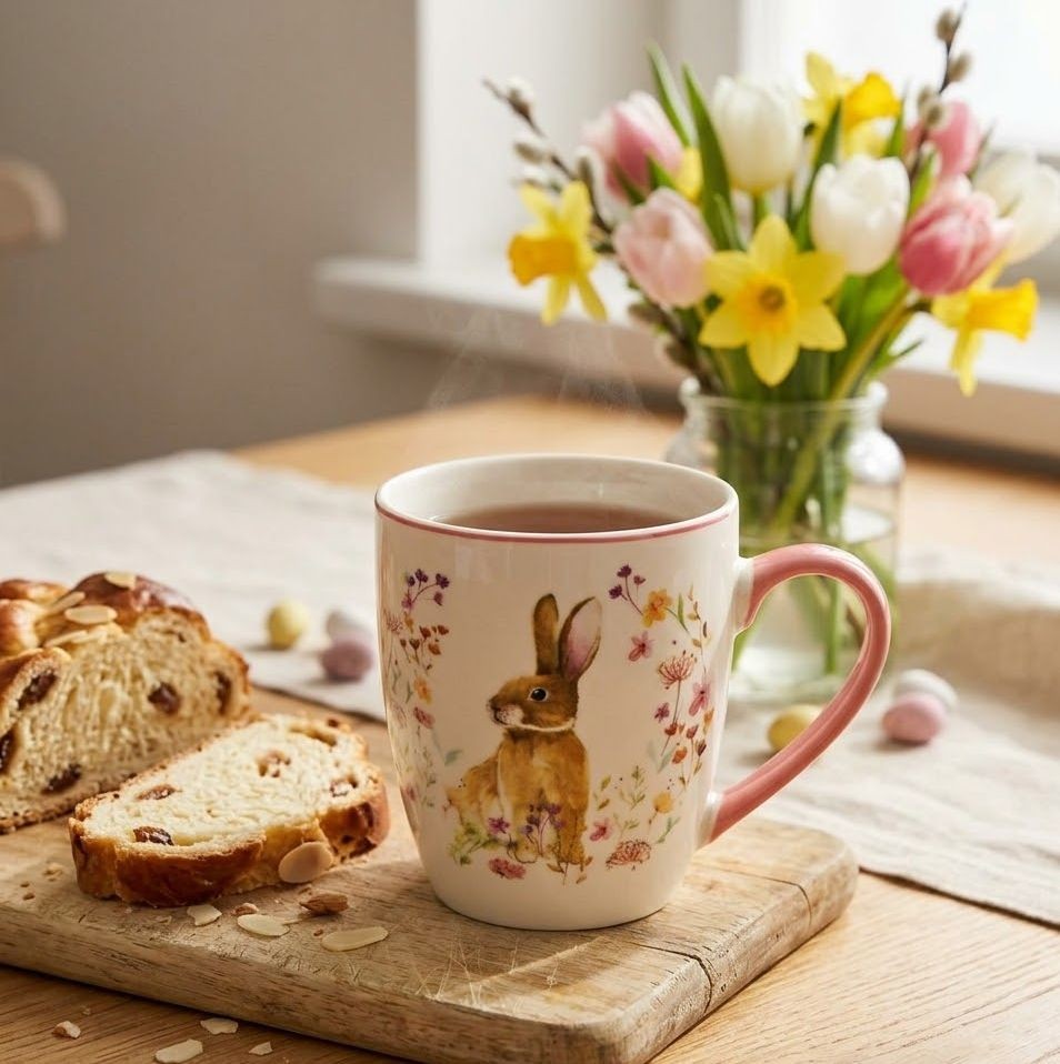 Porcelánový velikonoční hrnek s králíkem a květy - 8*10*6 cm / 360 ml