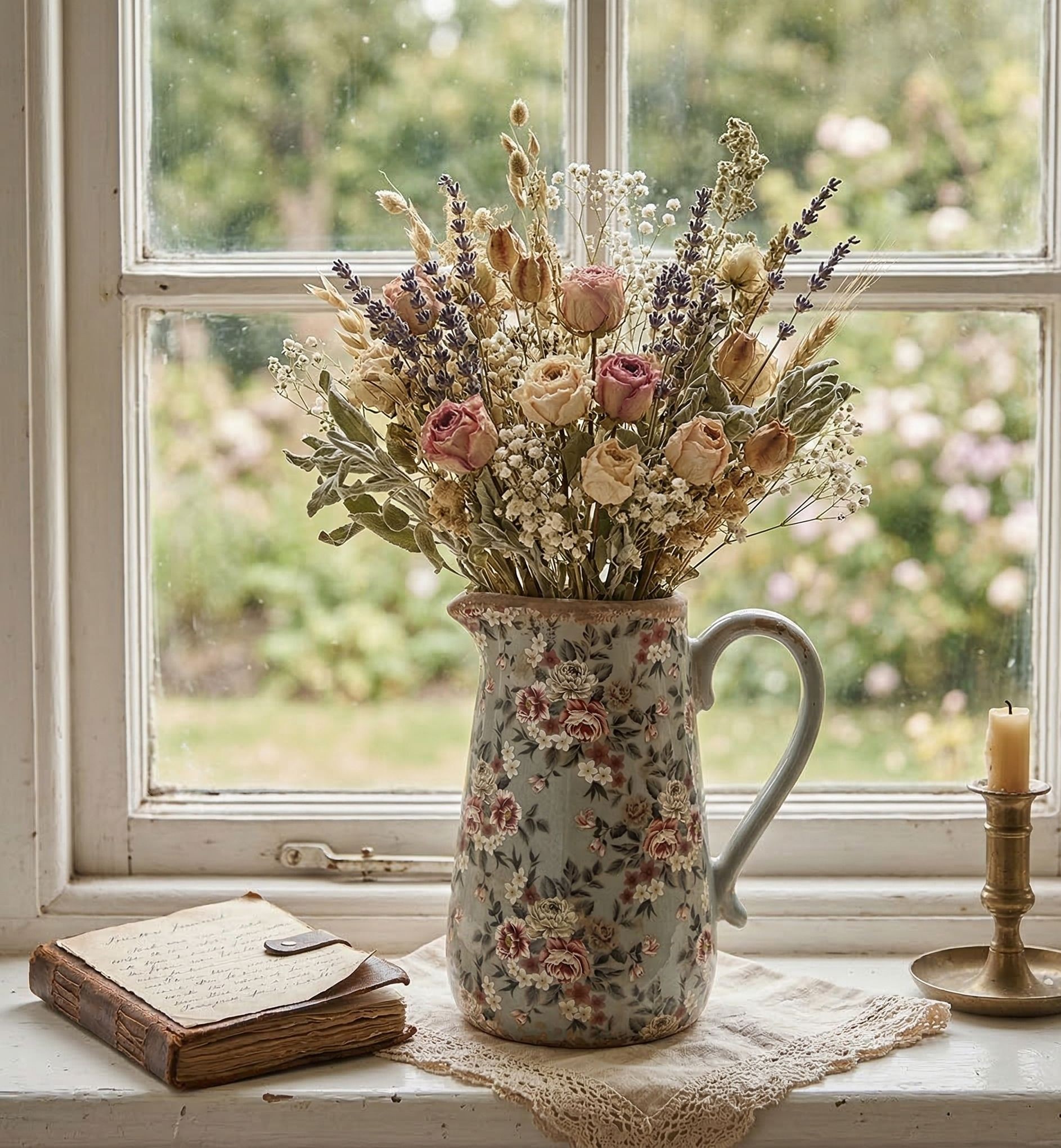 Zelený keramický dekorační džbán s květy Floria L - 21*15*23 cm