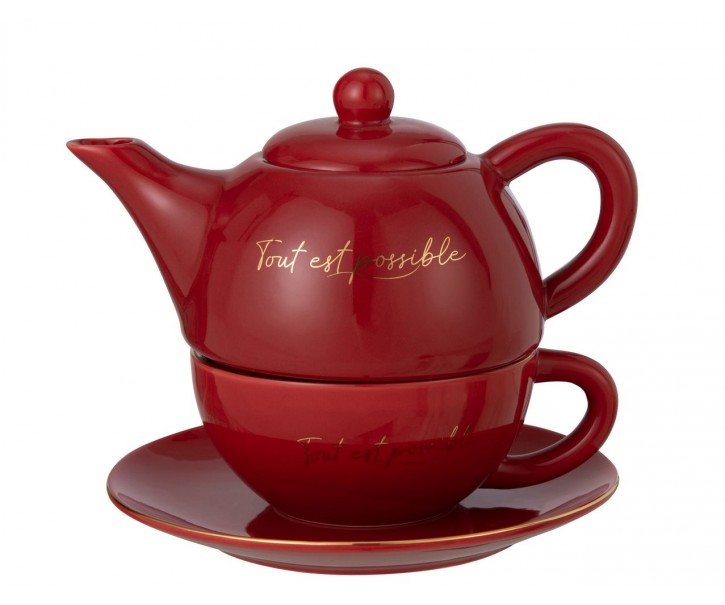 Vínovo-zlatý Tea for One v dárkové krabičce - 19*12*15 cm / 420/ 200 ml J-Line by Jolipa