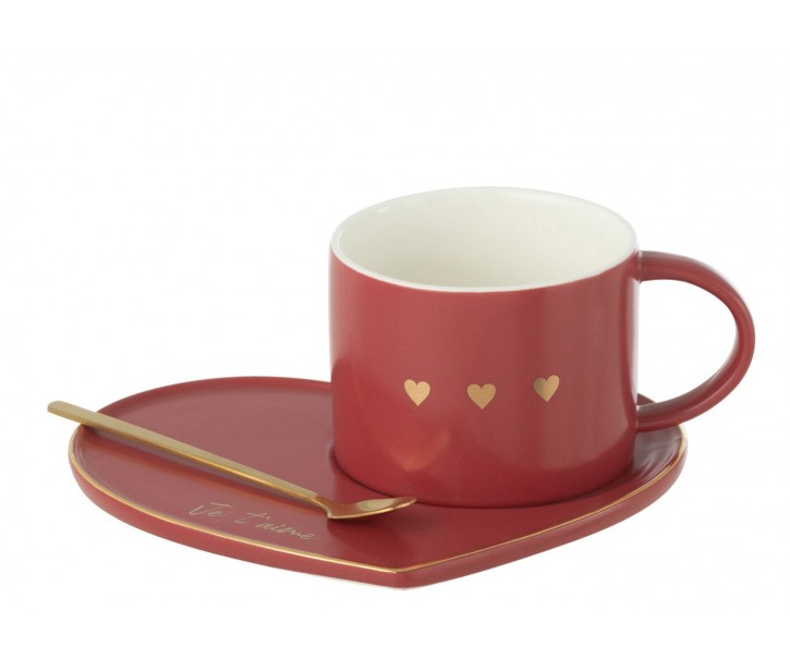 Vínový hrnek se srdíčky + lžička + talířek srdce Je t´aime - 16*14*7,5 cm J-Line by Jolipa