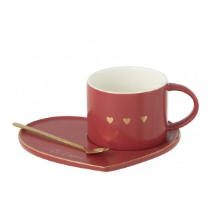 Vínový hrnek se srdíčky + lžička + talířek srdce Je t´aime - 16*14*7,5 cm