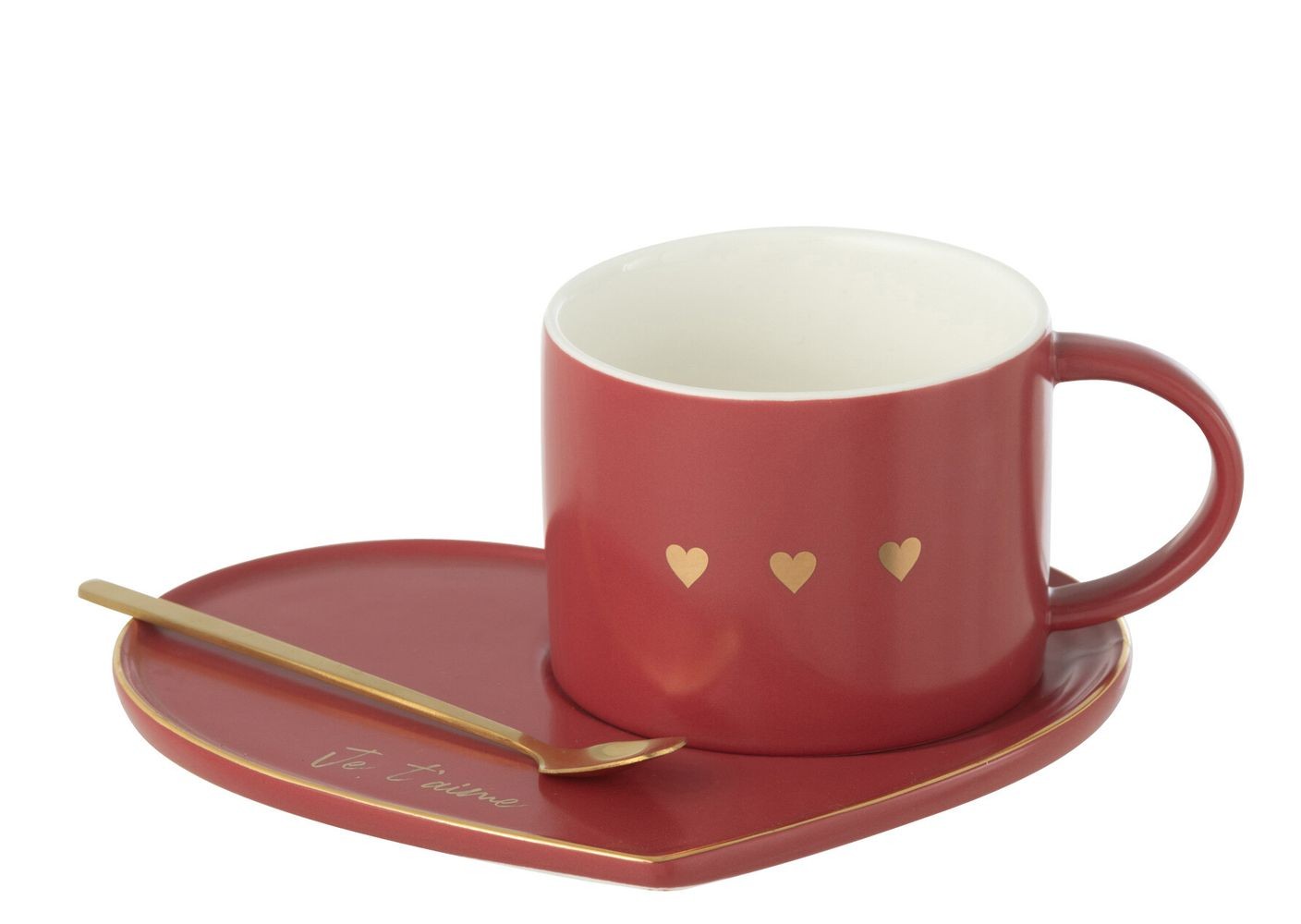 Vínový hrnek se srdíčky + lžička + talířek srdce Je t´aime - 6*14*6 cm / 175ml