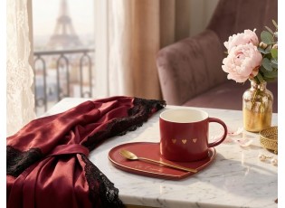 Vínový hrnek se srdíčky + lžička + talířek srdce Je t´aime - 6*14*6 cm / 175ml