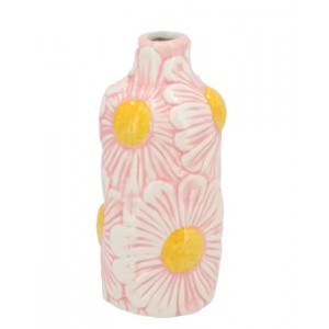 Růžová keramická vázička s reliéfem květů Jane Flower - Ø 7*16 cm