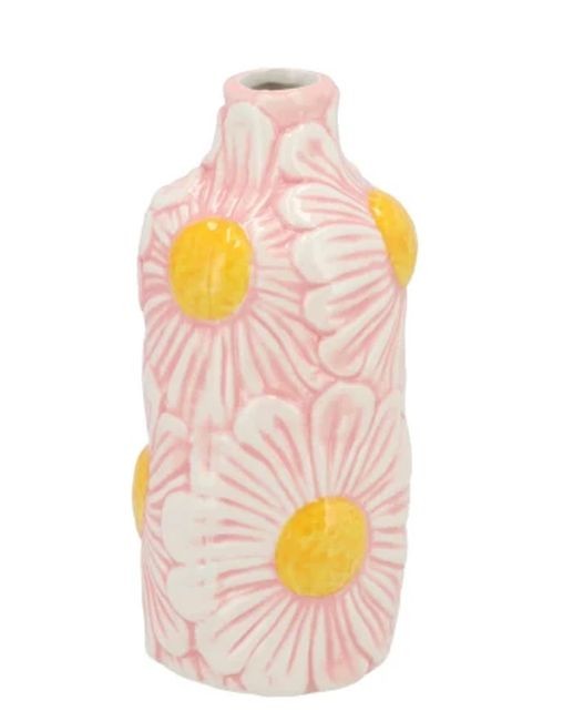 Růžová keramická vázička s reliéfem květů Jane Flower - Ø 7*16 cm